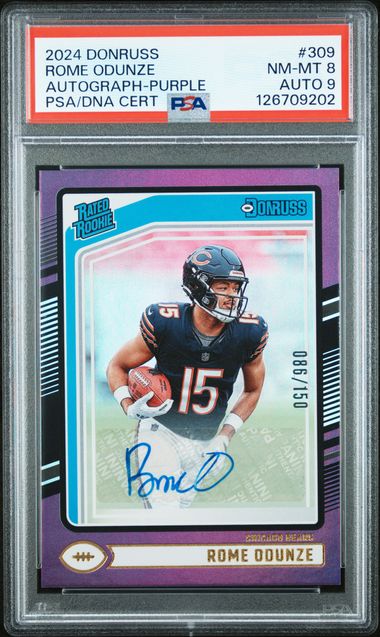 Rome Odunze 2024 Panini Donruss autograph rookie card purple #'d 086/150 PSA 8 AUTO 9