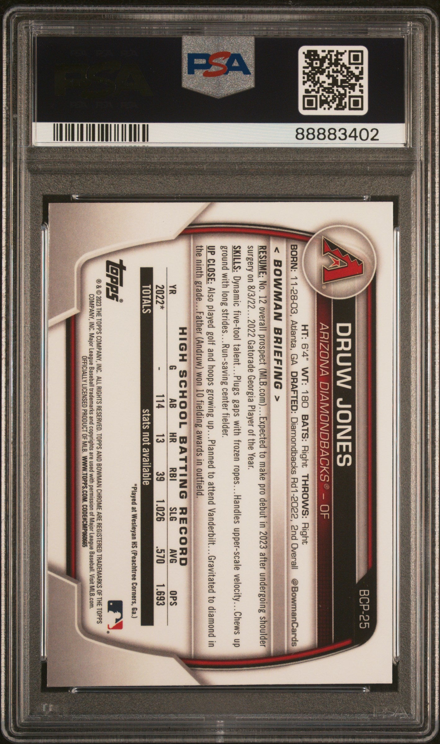 Druw Jones 2023 1st Bowman Chrome PSA 9