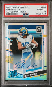 Puka Nacua 2023 Panini Donruss Optic autograph holo prizm rc #'d 082/150 PSA 10