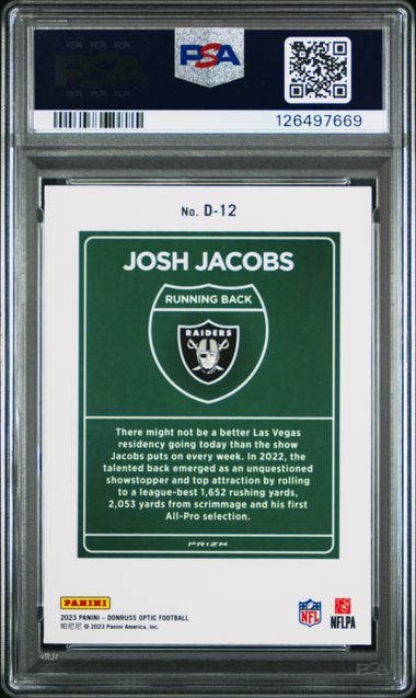Josh Jacobs 2023 Donruss Optic Downtown PSA 10