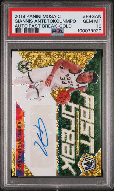 Giannis Antetokounmpo 2019 Panini Mosaic Fast Break autograph gold prizm 
