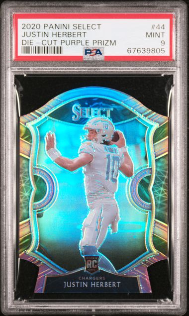 Justin Herbert 2020 Panini Select die-cut purple prizm rookie card PSA 9