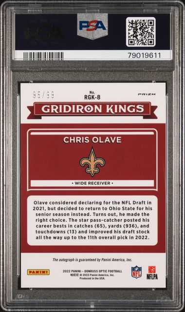 Chris Olave 2022 Donruss Optic Rookie Gridiron Kings-Auto #'d 95/99 PSA 10