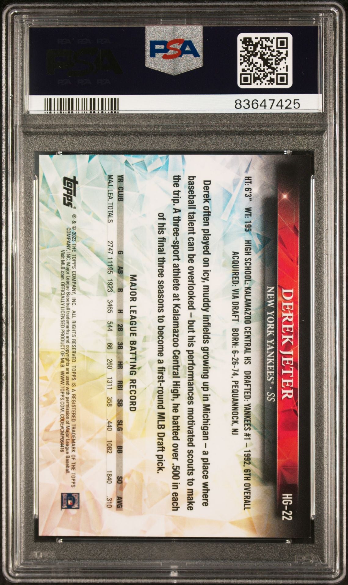 Derek Jeter 2023 Topps Chrome Hidden Gems SSP PSA 9