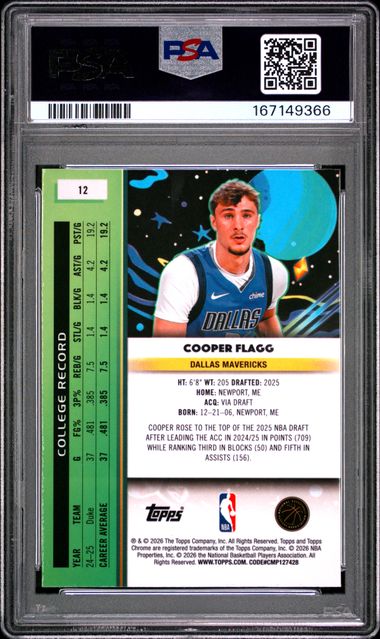 Cooper Flagg 2025 Topps Cosmic Chrome Nucleus Rookie PSA 8