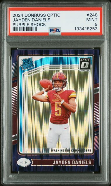 Jayden Daniels 2024 Panini Purple Shock Prizm RC PSA 9