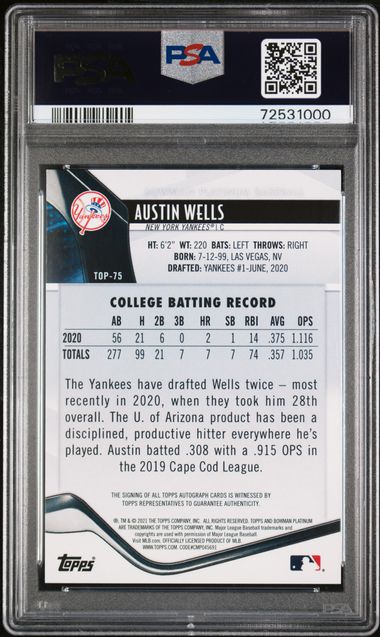 Austin Wells 2021 Bowman Platinum Top Prospects PSA 9 Auto 10