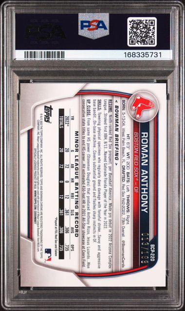 Roman Anthony 2023 Bowman Chrome Prospects Fuchsia Shimmer Refractor #'d 013/199 PSA 10