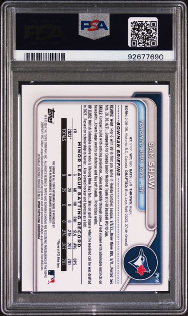 Sam Shaw 2024 1st Bowman Chrome autograph green ref. #'d 08/99 PSA 9