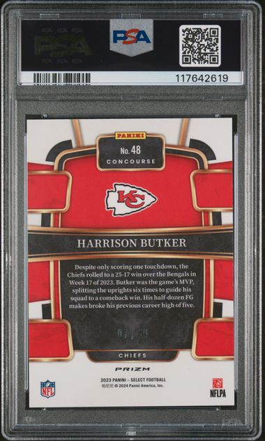 Harrison Butker 2023 Panini Select Red Disco Prizm #'d 07/49 PSA 10 (JRSY #)