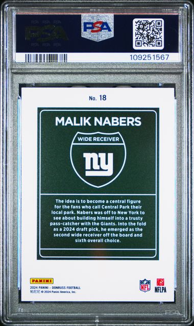 Malik Nabers 2024 Panini Donruss Downtown rookie card PSA 9