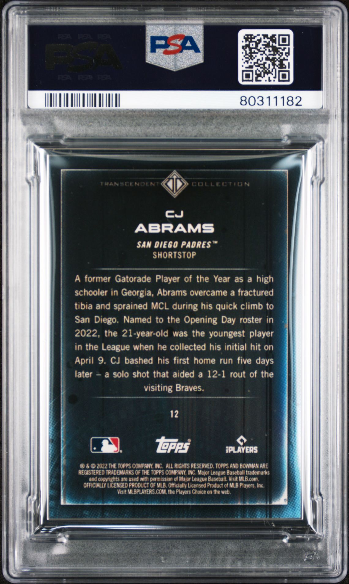 CJ Abrams 2022 Bowman Transcendent Collection Bowman Icons /50 Fielding PSA 10
