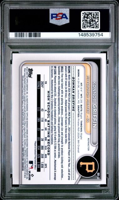 Konnor Griffin 2024 1st Bowman Draft Chrome Refractor PSA 10