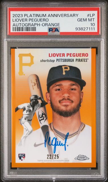 Liover Peguero 2023 Topps Platinum Anniversary autograph orange ref. rookie card #'d 22/25 PSA 10