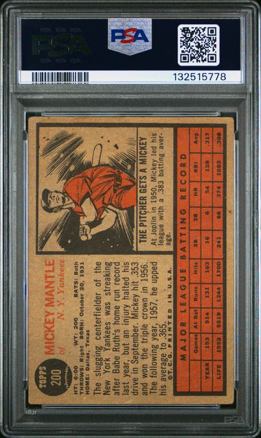 Mickey Mantle 1962 Topps #200 PSA 2