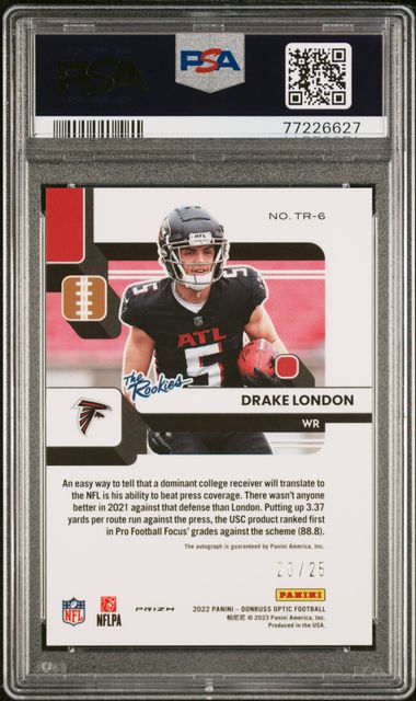 Drake London 2022 Donruss Optic FOTL "The Rookies" Purple Stars Autograph #20/25 PSA 10 RC