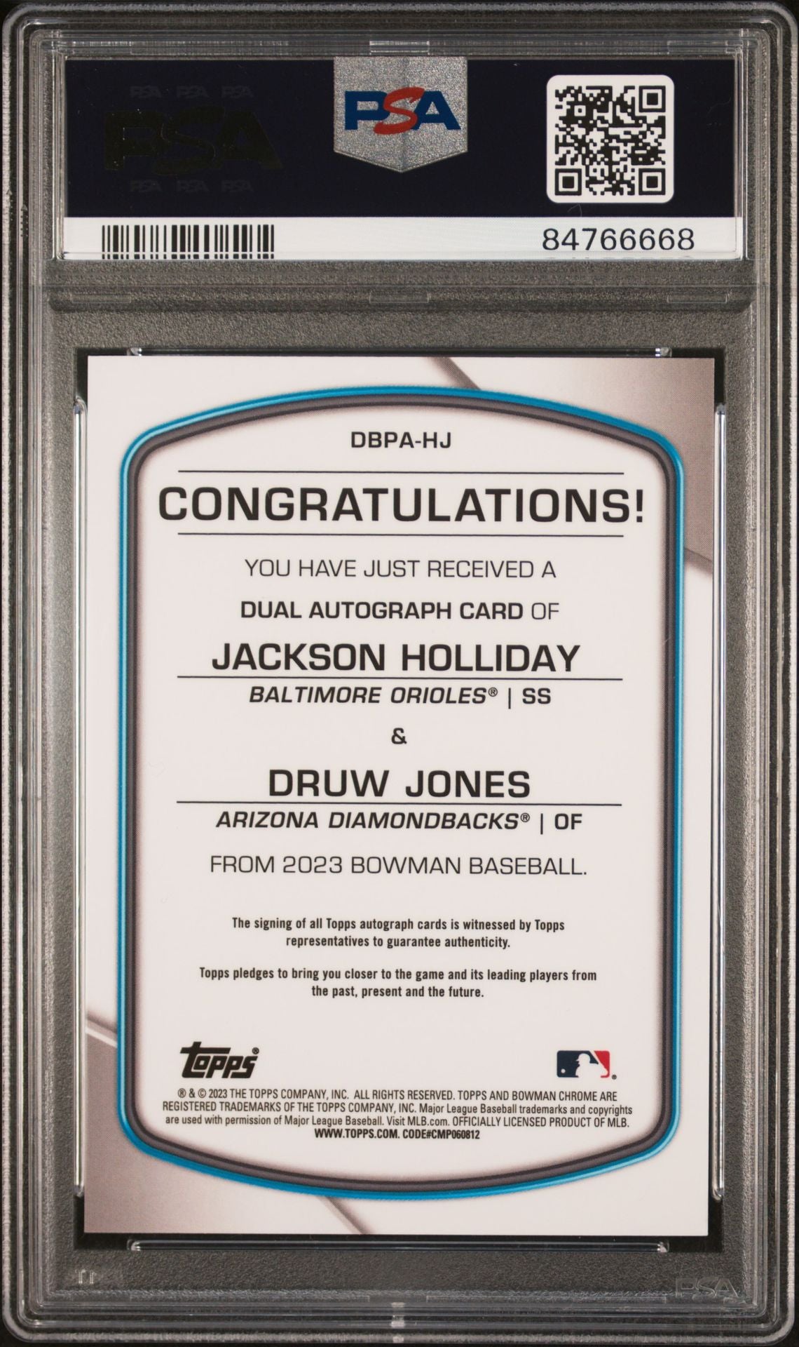 Jackson Holliday Druw Jones 2023 Bowman Dual Bowman Prospect Auto #'d 14/25 PSA 10