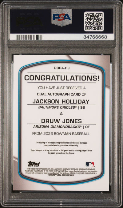 Jackson Holliday Druw Jones 2023 Bowman Dual Bowman Prospect Auto #'d 14/25 PSA 10