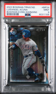 Luisangel Acuna 2022 Bowman Transcendent Collection Bowman Icons /50 Swinging PSA 9