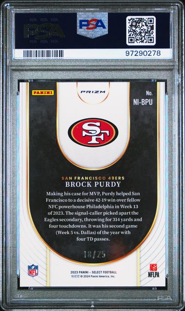 Brock Purdy 2023 Panini Select Neon Icons-Tie Dye Prizm #'d 18/25 PSA 10