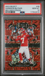 Harrison Butker 2023 Panini Select Red Disco Prizm #'d 07/49 PSA 10 (JRSY #)