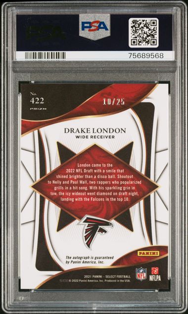 Drake London 2021 Select XRC Tie-Dye Prizm Autograph #'d 10/25 PSA 10 RC