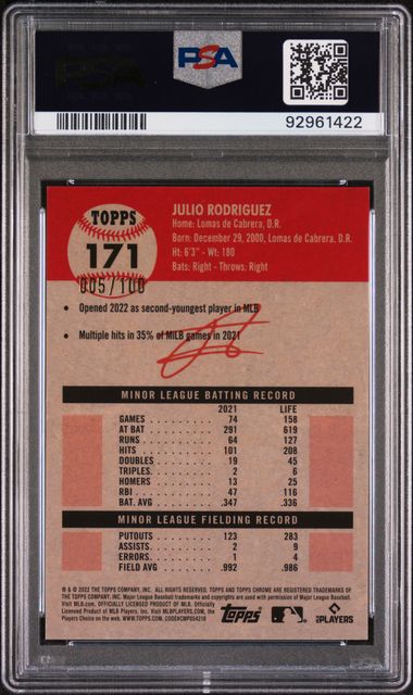 Julio Rodriguez 2022 Topps Platinum Anniversary blue atomic ref. rc #'d 005/100 PSA 9
