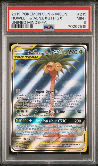 Rowlet & Alolan Exeggutor GX Pokémon Unified Minds Tag Team Alt Art #215/236 PSA 9