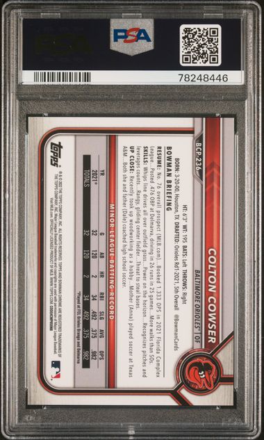 Colton Cowser 2022 Bowman Chrome X Green X-fractor #'d 16/31 PSA 10