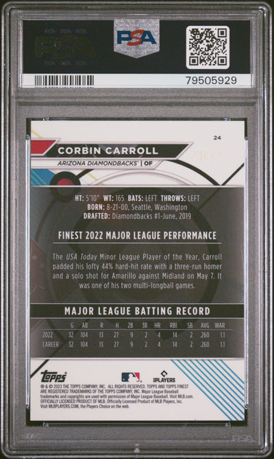 Corbin Carroll 2023 Topps Finest Sky Blue Refractor #'d 274/300 PSA 10 Rookie Card