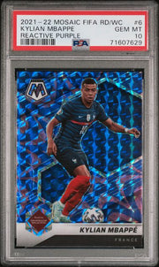 Kylian Mbappe 2021-22 Panini Mosaic Road to World Cup Reactive Purple mosaic prizm PSA 10