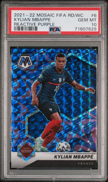 Kylian Mbappe 2021-22 Panini Mosaic Road to World Cup Reactive Purple mosaic prizm PSA 10