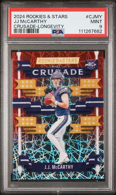JJ McCarthy 2024 Panini Rookies & Stars Crusade Longevity PSA 9