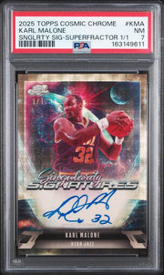 Karl Malone 2025 Topps Cosmic Chrome Singularity Signatures Superfractor #'d 1/1 PSA 7