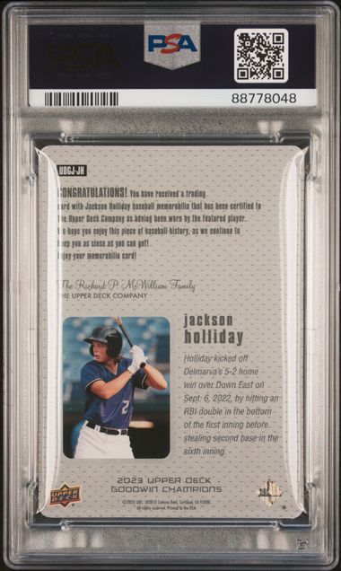 Jackson Holliday 2023 Goodwin Champions UD Game Jersey PSA 8