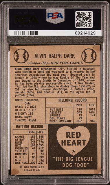 Alvin Dark 1954 Red Heart PSA 2