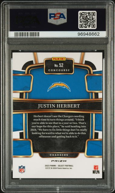 Justin Herbert 2023 Panini Select Zebra prizm PSA 9