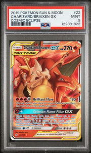 Charizard & Braixen GX Pokémon Cosmic Eclipse Ultra Rare Tag Team #22/236 PSA 9