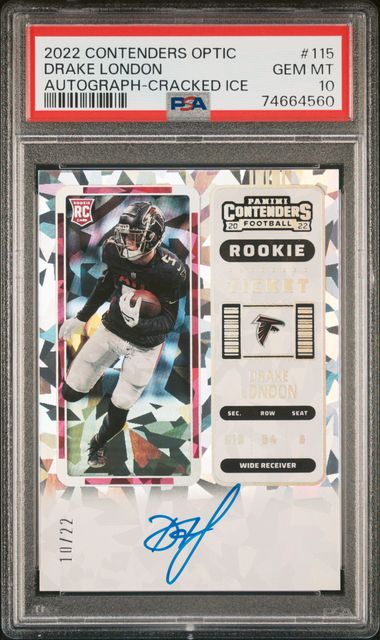Drake London 2022 Contenders Optic Cracked Ice Autograph  #'d 10/22 PSA 10 RC