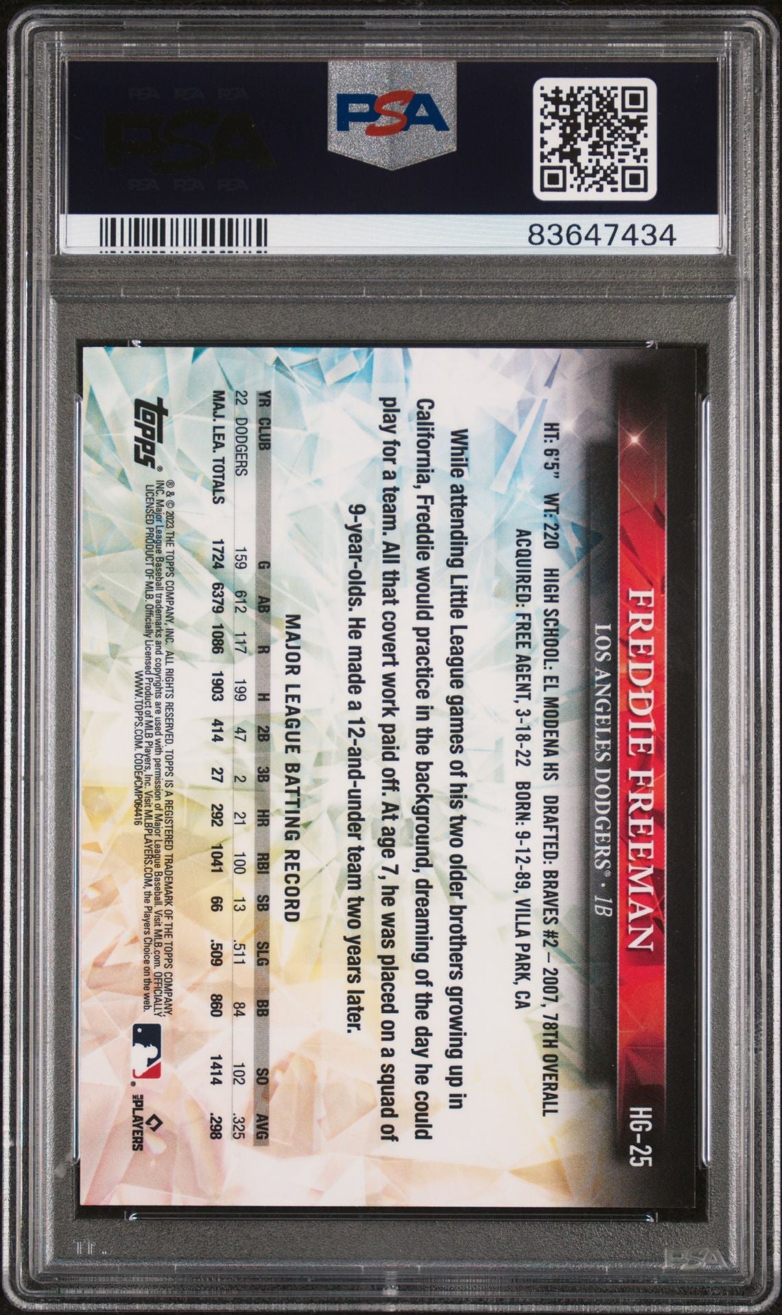 Freddie Freeman 2023 Topps Chrome Hidden Gems SSP PSA 9