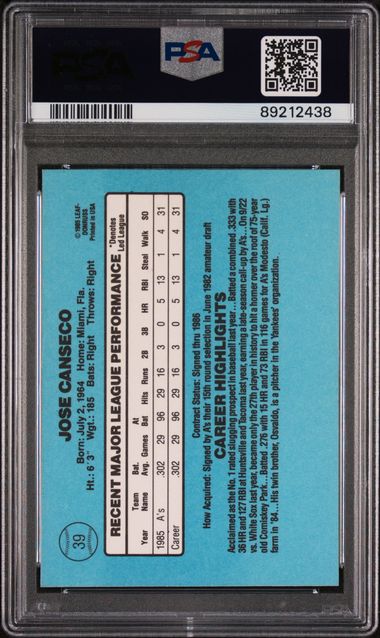 Jose Canseco 1986 Donruss rookie card #39 PSA 8