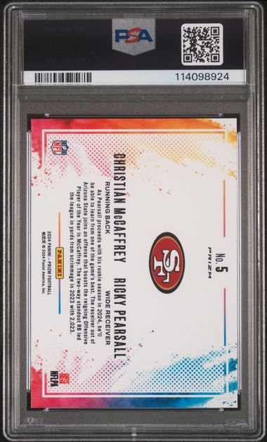 Christian McCaffrey Ricky Pearsall 2024 Panini Prizm Color Blast Duals PSA 10