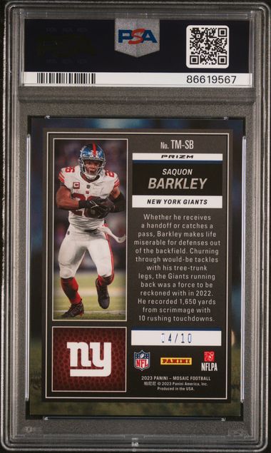 Saquon Barkley 2023 Panini Mosaic TD Masters Pink Fluorescent #'d 04/10 PSA 10