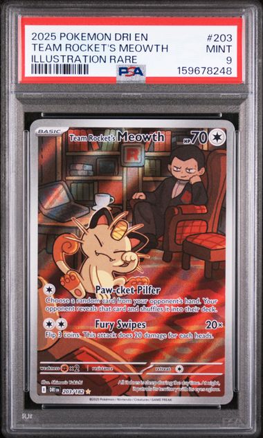 Team Rocket's Meowth Pokémon Destined Rivals Illustration Rare #203/182 PSA 9