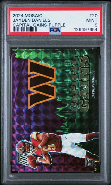 Jayden Daniels 2024 Panini Mosaic Capital Gains purple prizm rc #'d 40/49 PSA 9