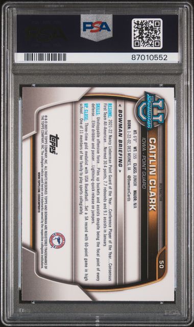 Caitlin Clark 2022 Bowman Chrome University 1st Bowman Refractor #50 PSA 10