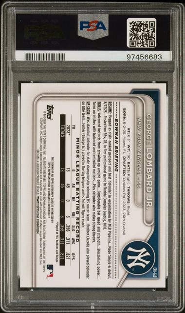 George Lombard Jr. 2024 1st Bowman Chrome autograph blue ref. #'d 049/150 PSA 9