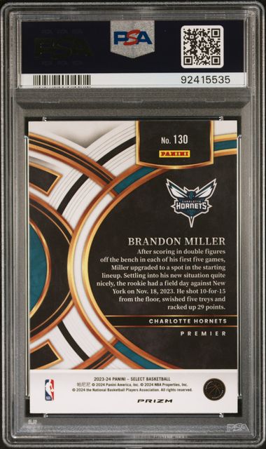 Brandon Miller 2023 Panini Select blue cracked ice prizm rookie card PSA 10