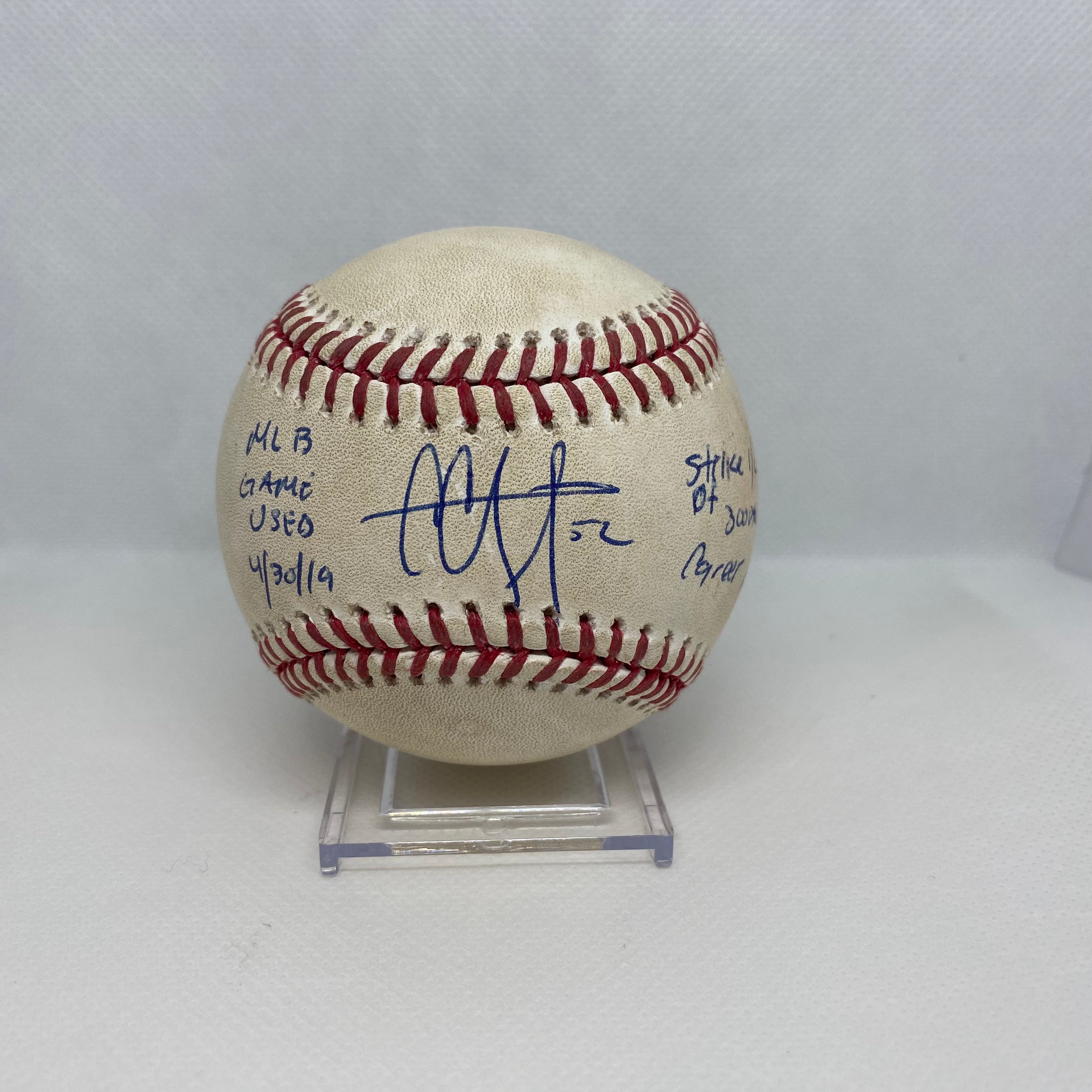 CC Sabathia Autographed MLB Game Used Ball Strikes 1 & 2 Of Strikeout 3,000 04/30/19