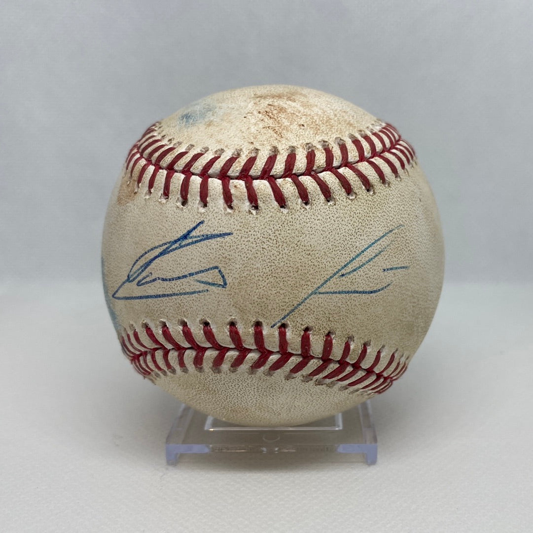 Ronald Acuna. Jr. Autographed MLB Game Used Double Career Hit 4 Double 1 RBI 2 & Freddie Freeman Double 04/26/18